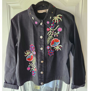 New Direction 100% Cotton Floral Embroidered Black Jacket Size Medium